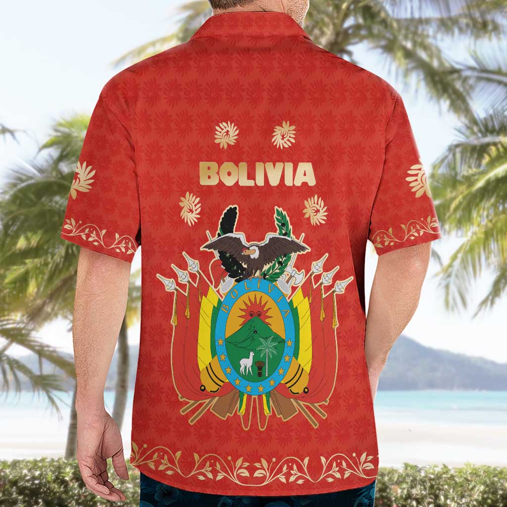 Bolivia National Emblem Hawaiian Shirt with Floral Pattern and Red Folk Design