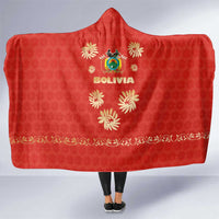 Bolivia National Emblem Hooded Blanket with Floral Pattern and Red Folk Design