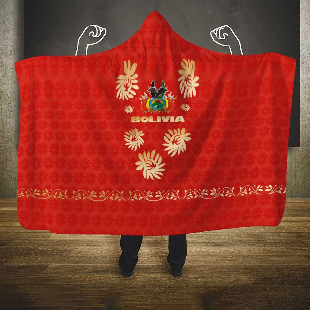 Bolivia National Emblem Hooded Blanket with Floral Pattern and Red Folk Design