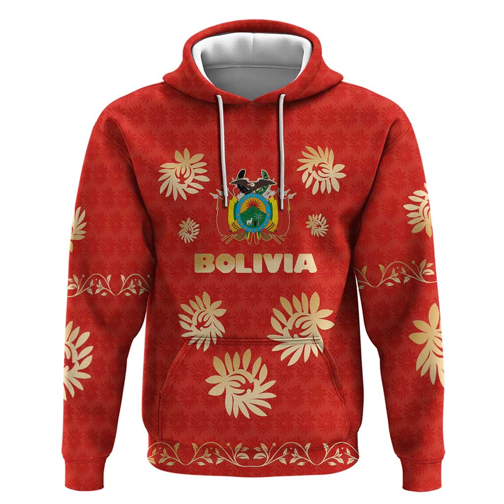 Bolivia National Emblem Hoodie with Floral Pattern and Red Folk Design