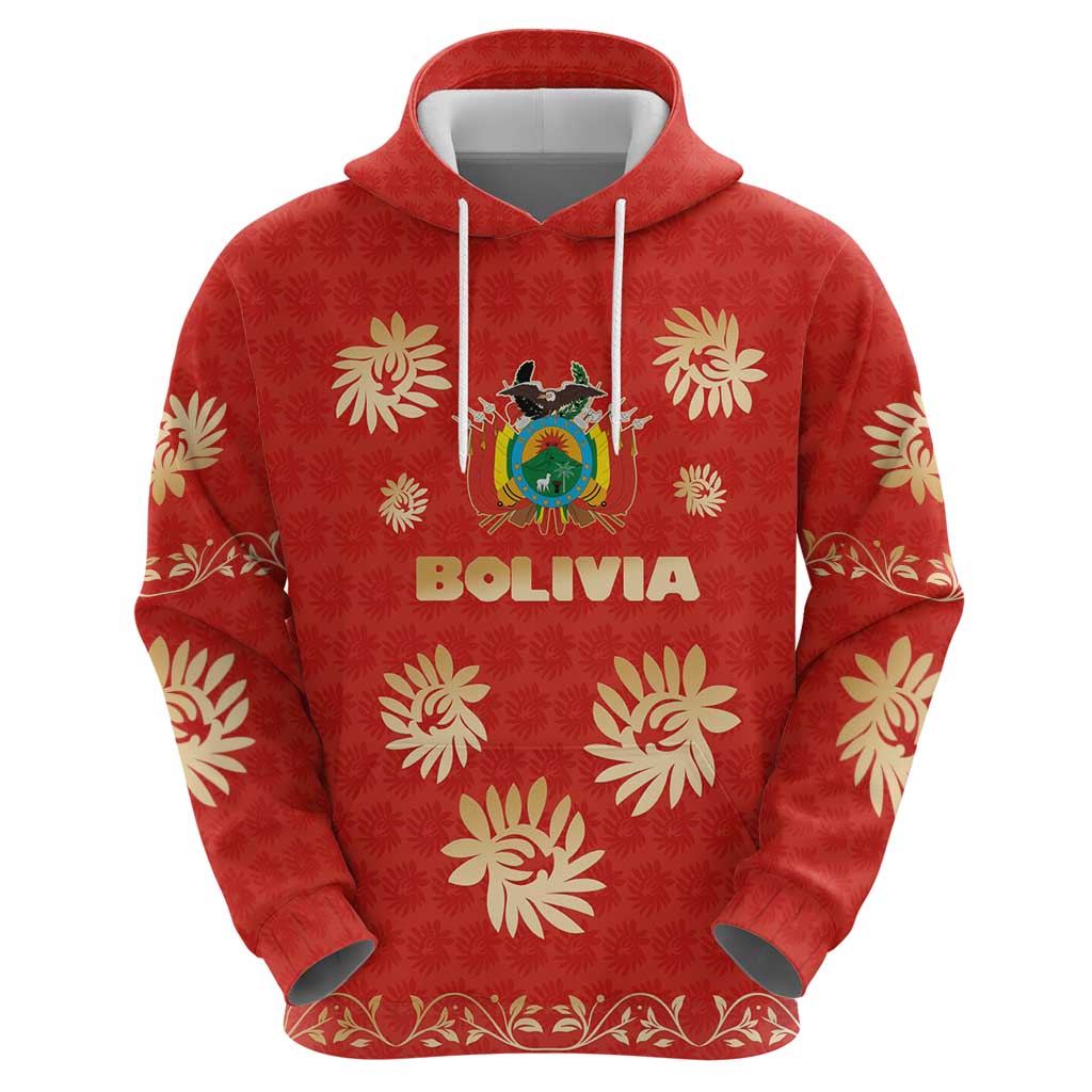 Bolivia National Emblem Hoodie with Floral Pattern and Red Folk Design