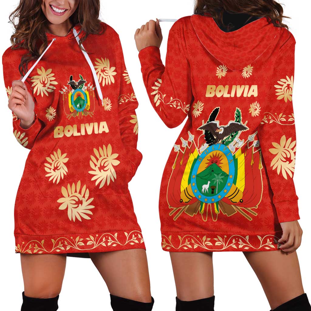 Bolivia National Emblem Hoodie Dress with Floral Pattern and Red Folk Design