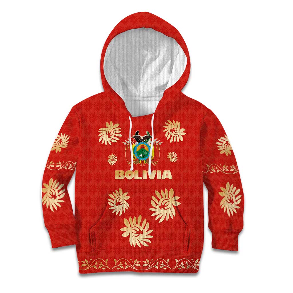 Bolivia National Emblem Kid Hoodie with Floral Pattern and Red Folk Design