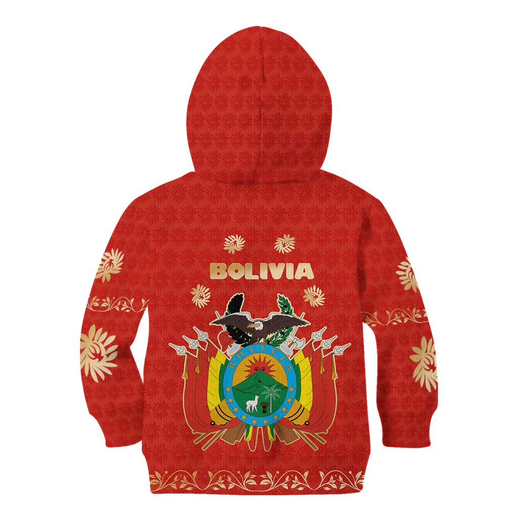 Bolivia National Emblem Kid Hoodie with Floral Pattern and Red Folk Design
