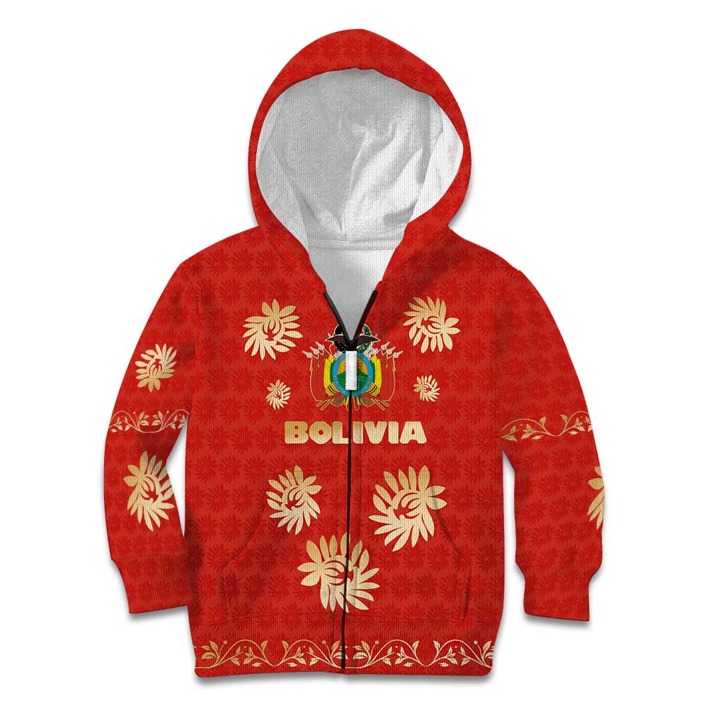 Bolivia National Emblem Kid Hoodie with Floral Pattern and Red Folk Design