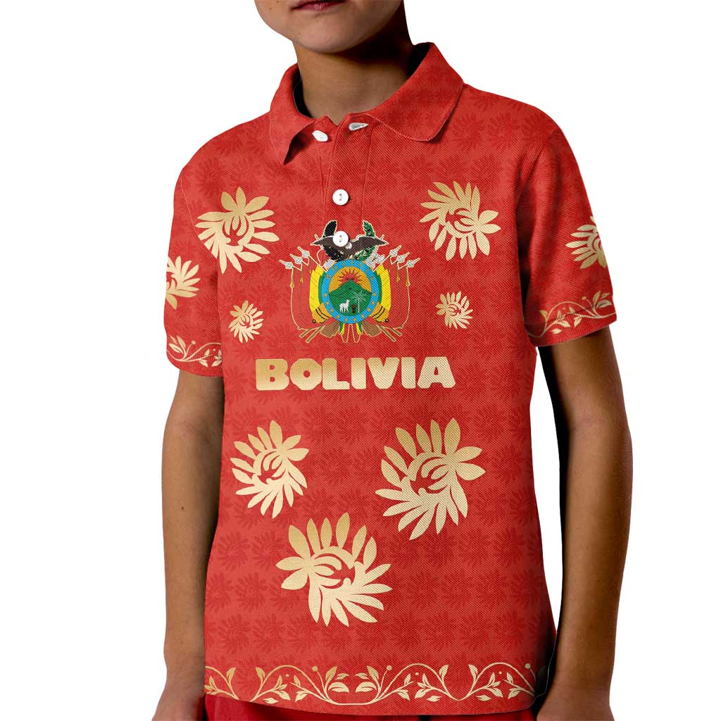 Bolivia National Emblem Kid Polo Shirt with Floral Pattern and Red Folk Design
