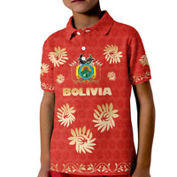 Bolivia National Emblem Kid Polo Shirt with Floral Pattern and Red Folk Design