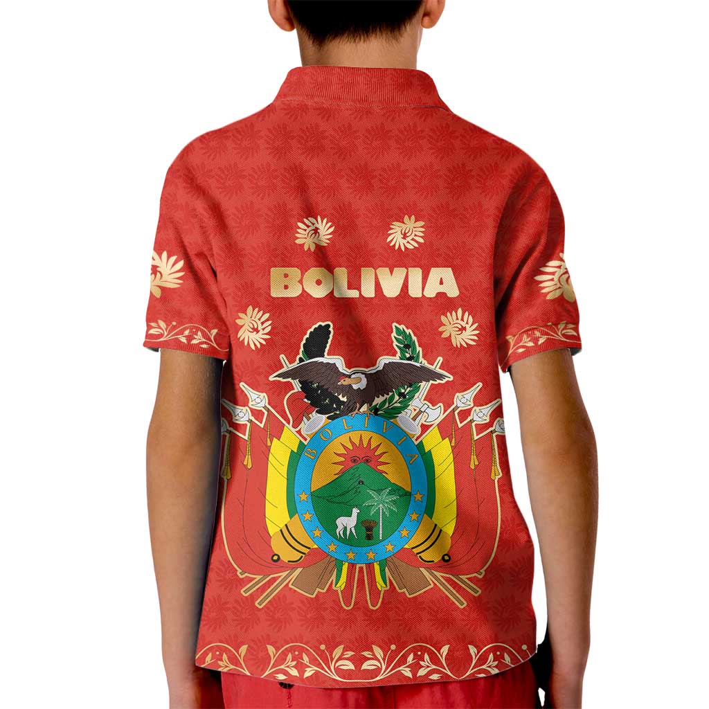 Bolivia National Emblem Kid Polo Shirt with Floral Pattern and Red Folk Design