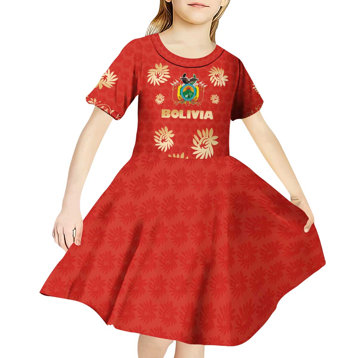 Bolivia National Emblem Kid Short Sleeve Dress with Floral Pattern and Red Folk Design