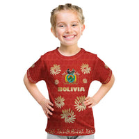 Bolivia National Emblem Kid T Shirt with Floral Pattern and Red Folk Design
