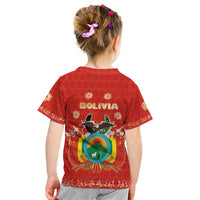 Bolivia National Emblem Kid T Shirt with Floral Pattern and Red Folk Design