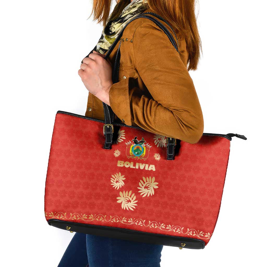 Bolivia National Emblem Leather Tote Bag with Floral Pattern and Red Folk Design