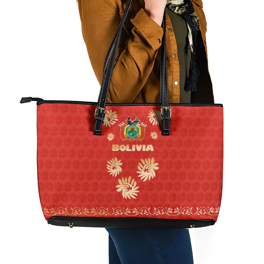 Bolivia National Emblem Leather Tote Bag with Floral Pattern and Red Folk Design