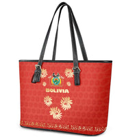 Bolivia National Emblem Leather Tote Bag with Floral Pattern and Red Folk Design