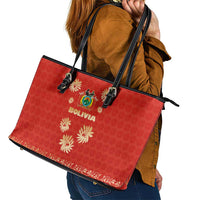 Bolivia National Emblem Leather Tote Bag with Floral Pattern and Red Folk Design