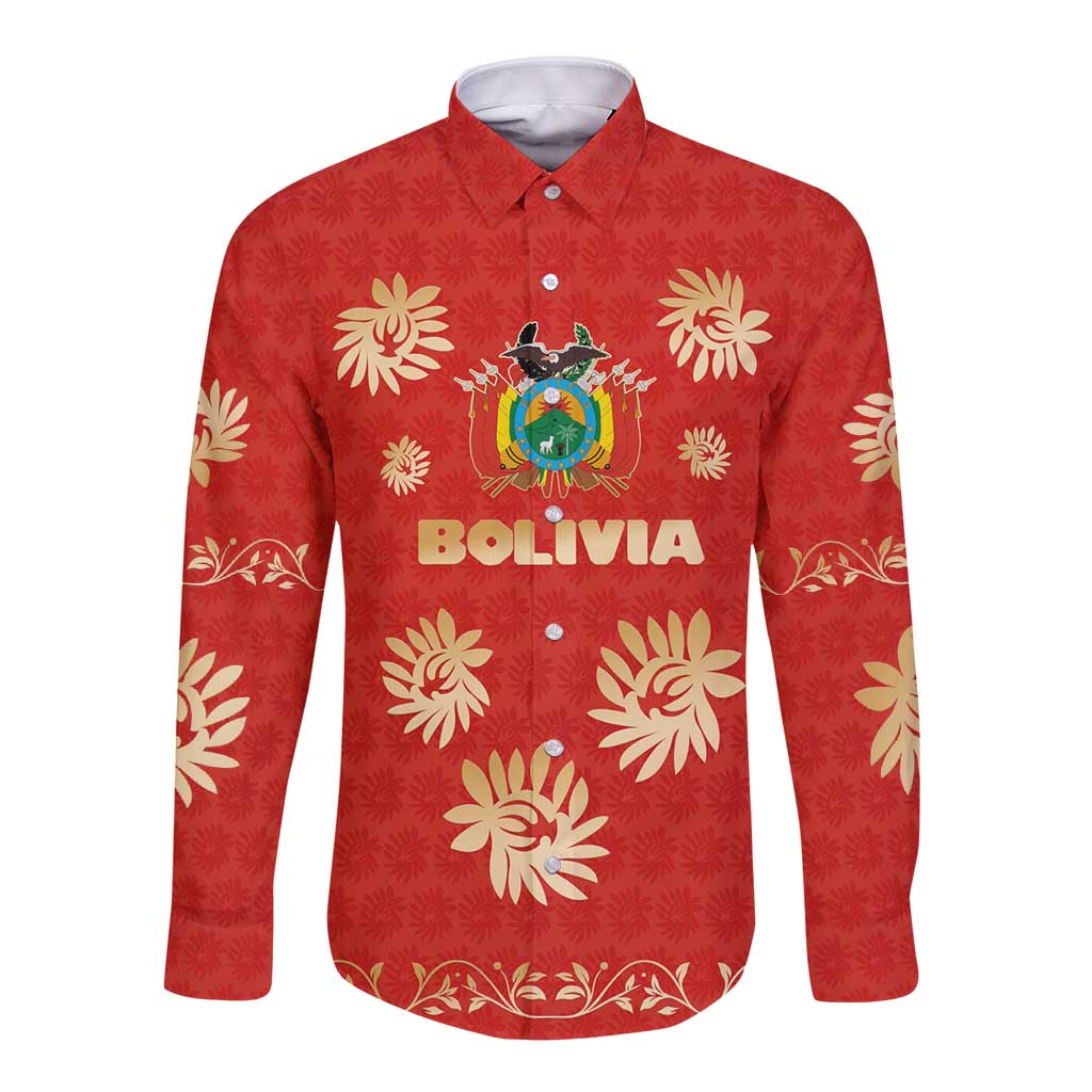Bolivia National Emblem Long Sleeve Button Shirt with Floral Pattern and Red Folk Design