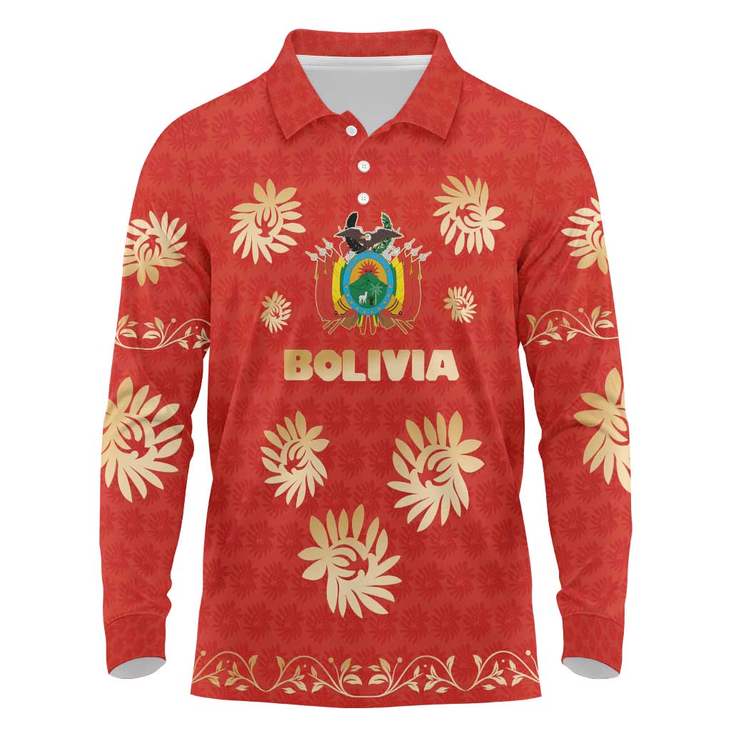 Bolivia National Emblem Long Sleeve Polo Shirt with Floral Pattern and Red Folk Design