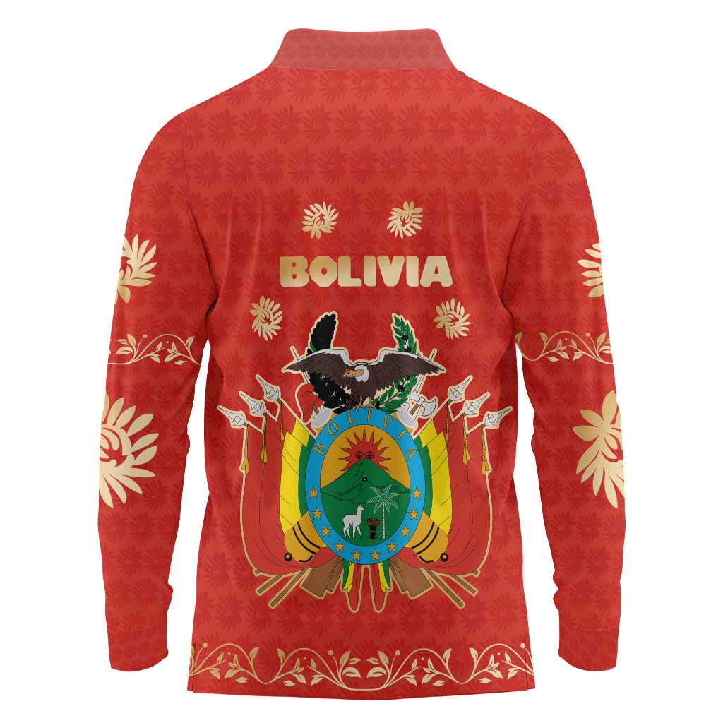 Bolivia National Emblem Long Sleeve Polo Shirt with Floral Pattern and Red Folk Design