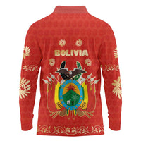 Bolivia National Emblem Long Sleeve Polo Shirt with Floral Pattern and Red Folk Design