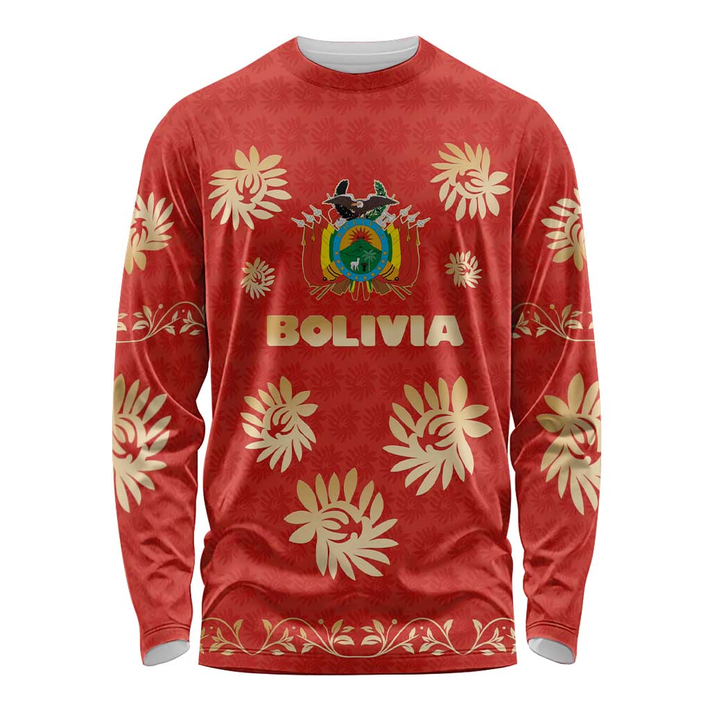 Bolivia National Emblem Long Sleeve Shirt with Floral Pattern and Red Folk Design