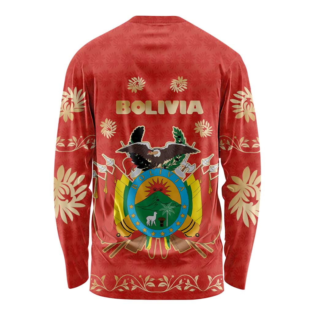 Bolivia National Emblem Long Sleeve Shirt with Floral Pattern and Red Folk Design