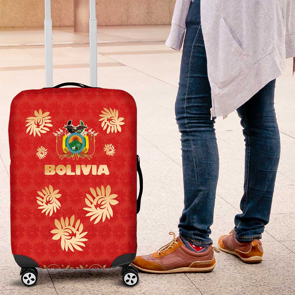 Bolivia National Emblem Luggage Cover with Floral Pattern and Red Folk Design