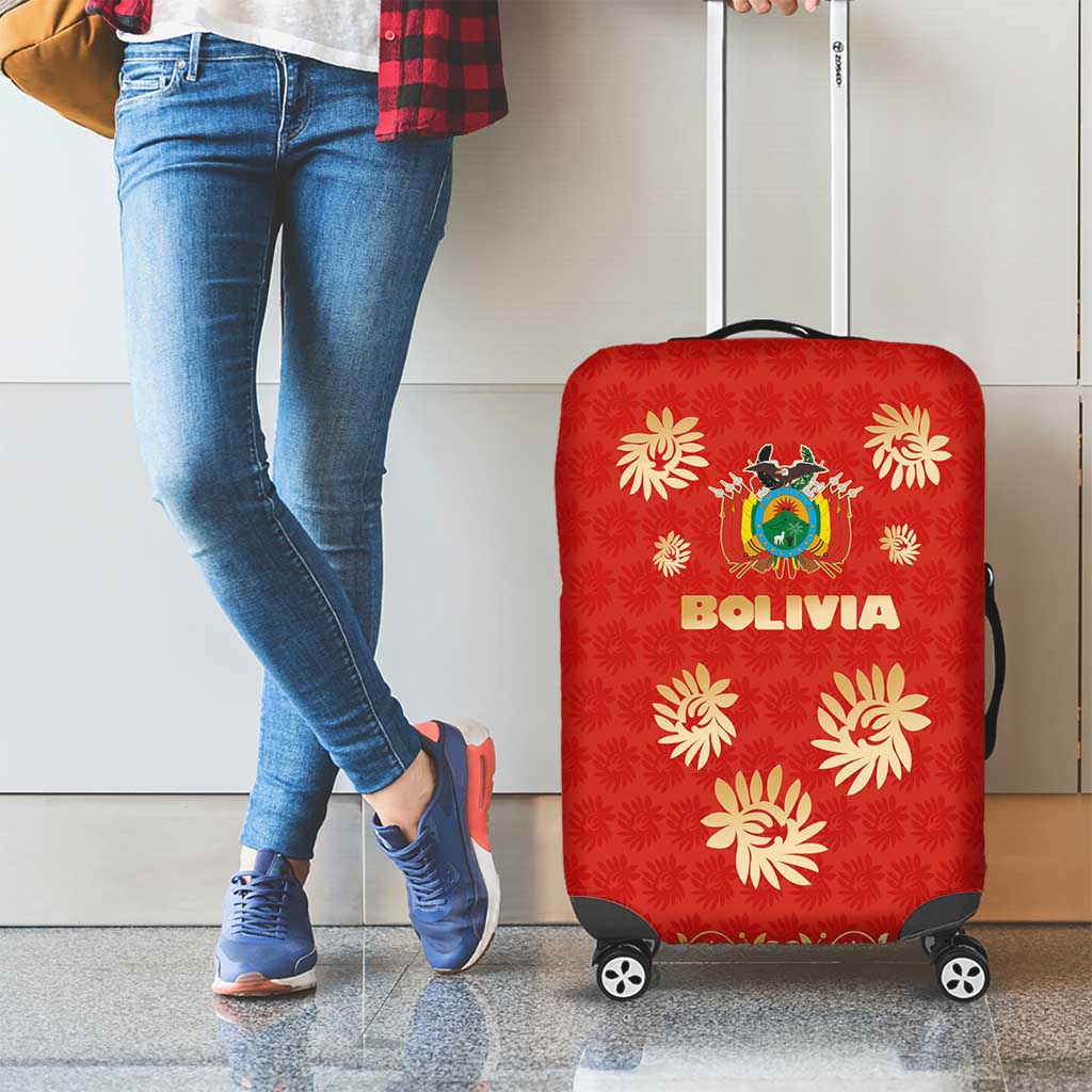 Bolivia National Emblem Luggage Cover with Floral Pattern and Red Folk Design