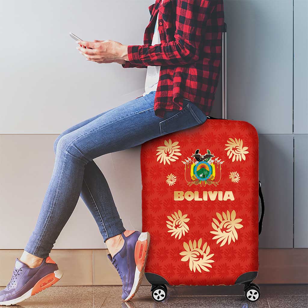 Bolivia National Emblem Luggage Cover with Floral Pattern and Red Folk Design