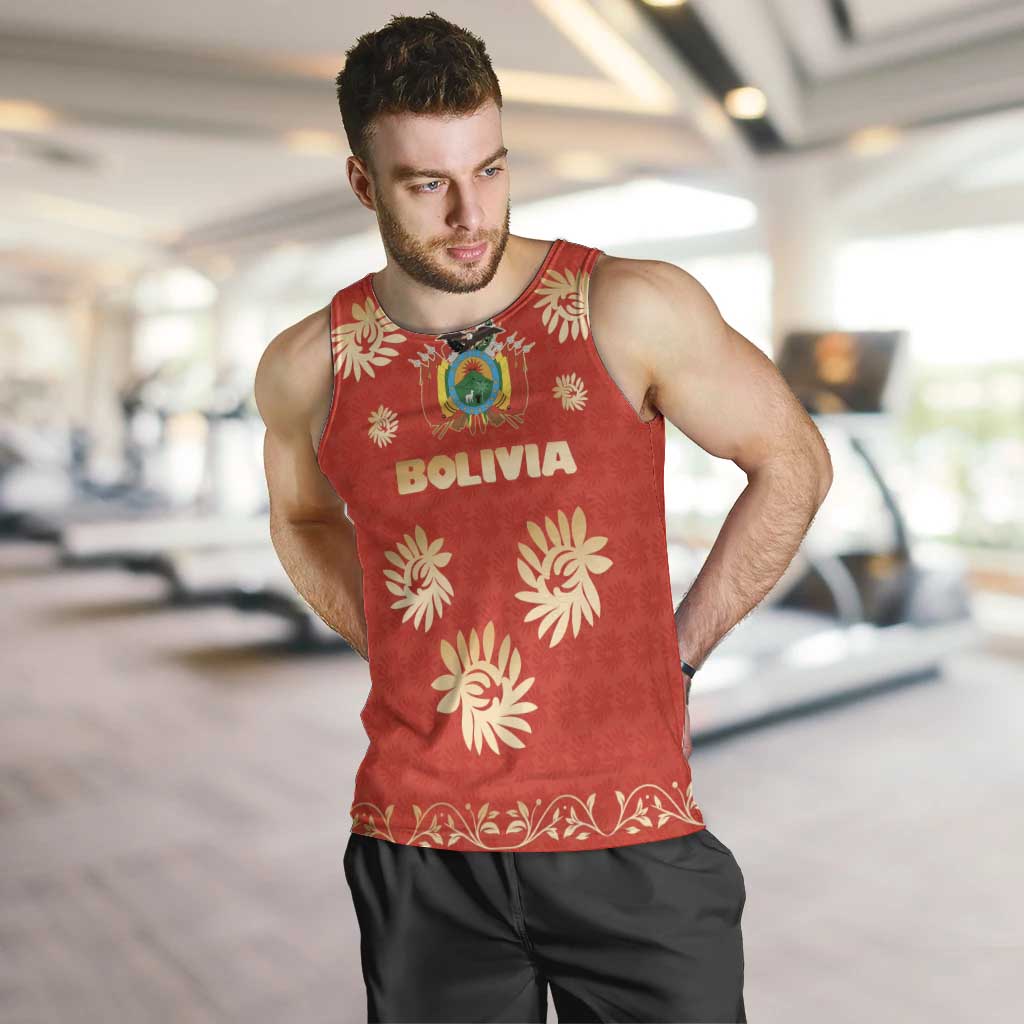 Bolivia National Emblem Men Tank Top with Floral Pattern and Red Folk Design