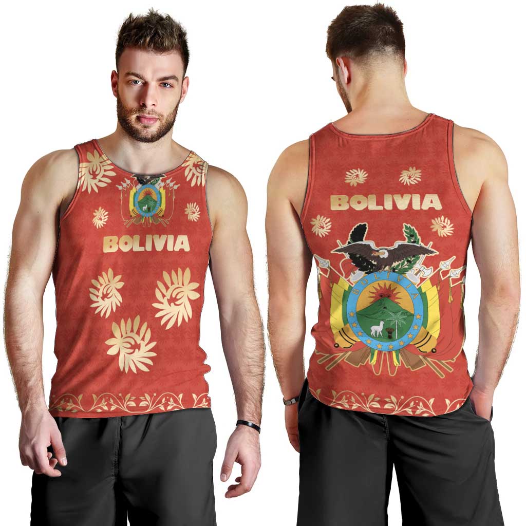 Bolivia National Emblem Men Tank Top with Floral Pattern and Red Folk Design