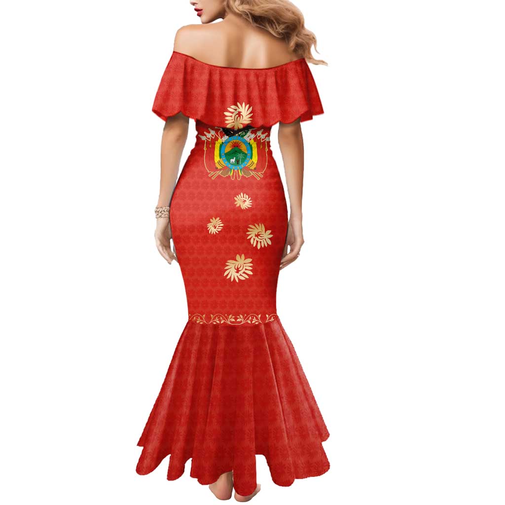Bolivia National Emblem Mermaid Dress with Floral Pattern and Red Folk Design
