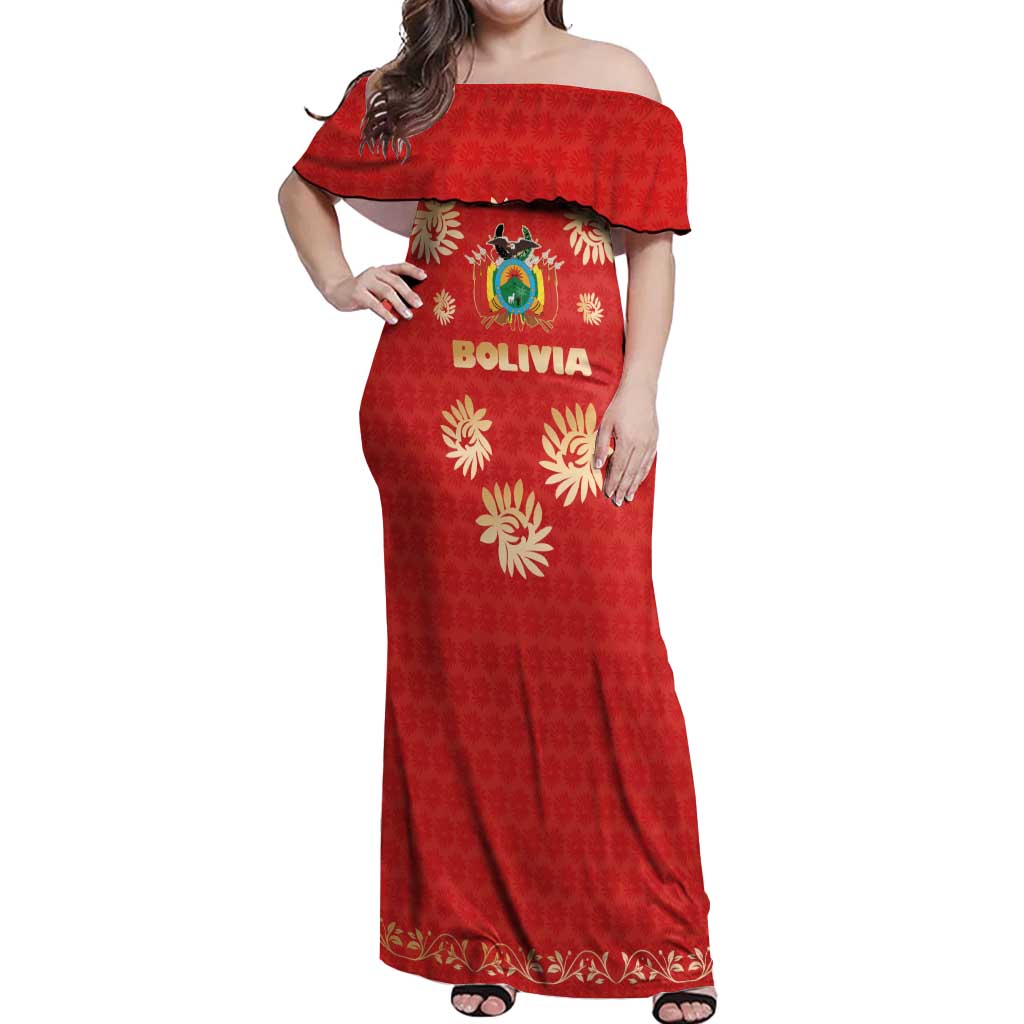 Bolivia National Emblem Off Shoulder Maxi Dress with Floral Pattern and Red Folk Design