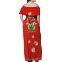 Bolivia National Emblem Off Shoulder Maxi Dress with Floral Pattern and Red Folk Design