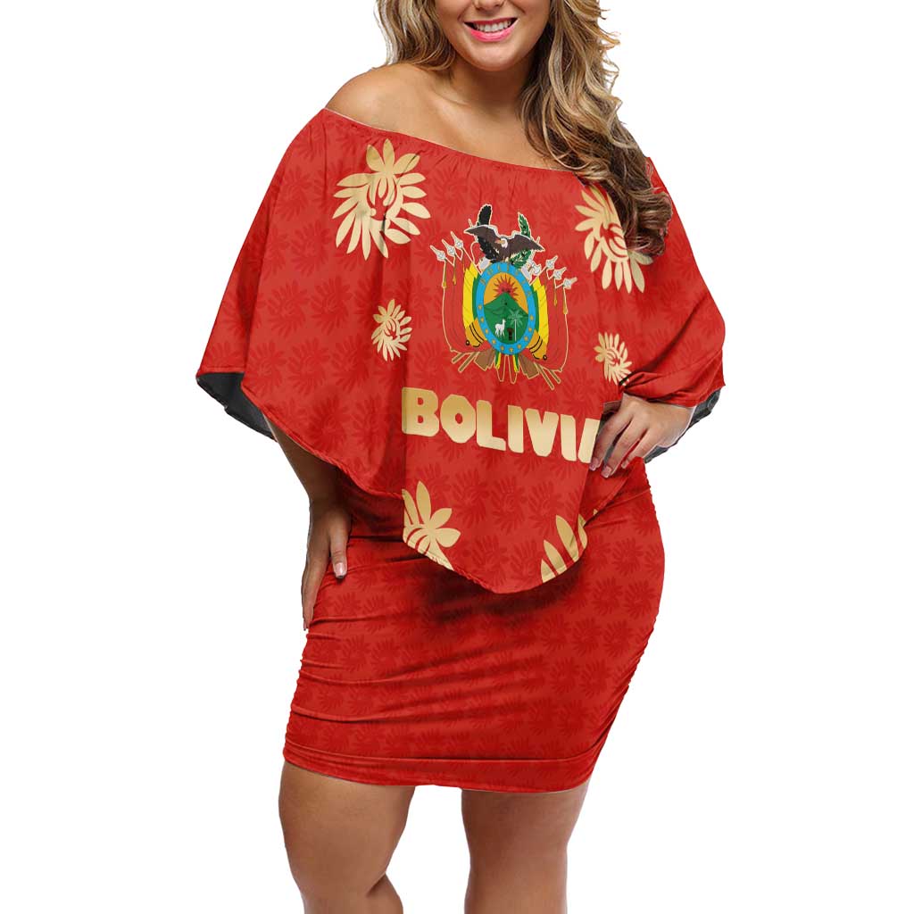 Bolivia National Emblem Off Shoulder Short Dress with Floral Pattern and Red Folk Design