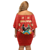 Bolivia National Emblem Off Shoulder Short Dress with Floral Pattern and Red Folk Design