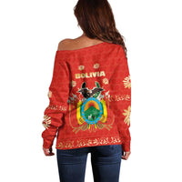 Bolivia National Emblem Off Shoulder Sweater with Floral Pattern and Red Folk Design