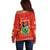 Bolivia National Emblem Off Shoulder Sweater with Floral Pattern and Red Folk Design