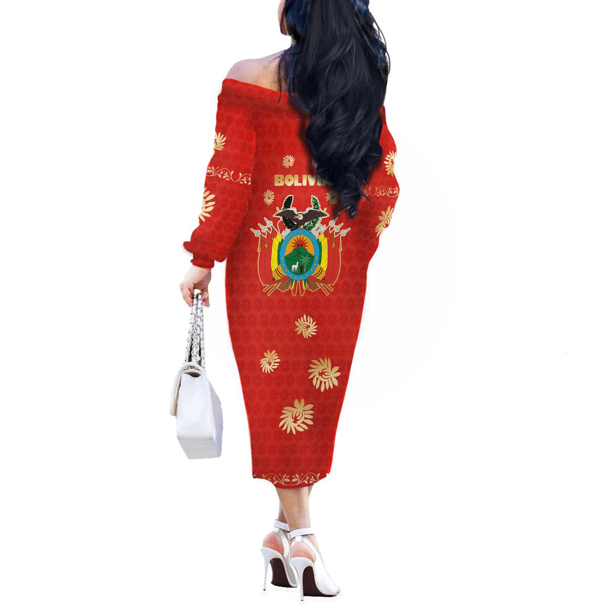 Bolivia National Emblem Off The Shoulder Long Sleeve Dress with Floral Pattern and Red Folk Design