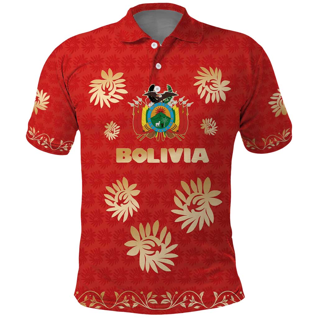 Bolivia National Emblem Polo Shirt with Floral Pattern and Red Folk Design