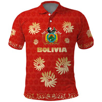 Bolivia National Emblem Polo Shirt with Floral Pattern and Red Folk Design