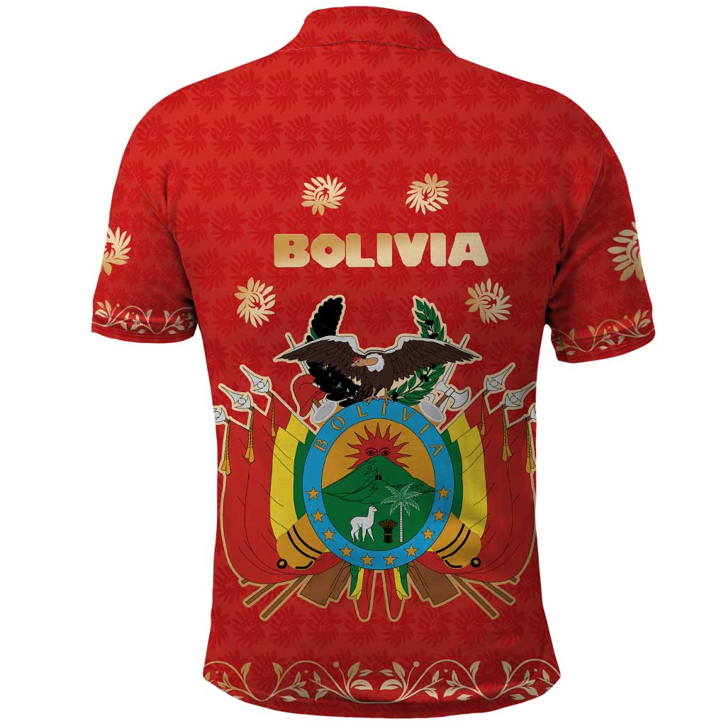 Bolivia National Emblem Polo Shirt with Floral Pattern and Red Folk Design