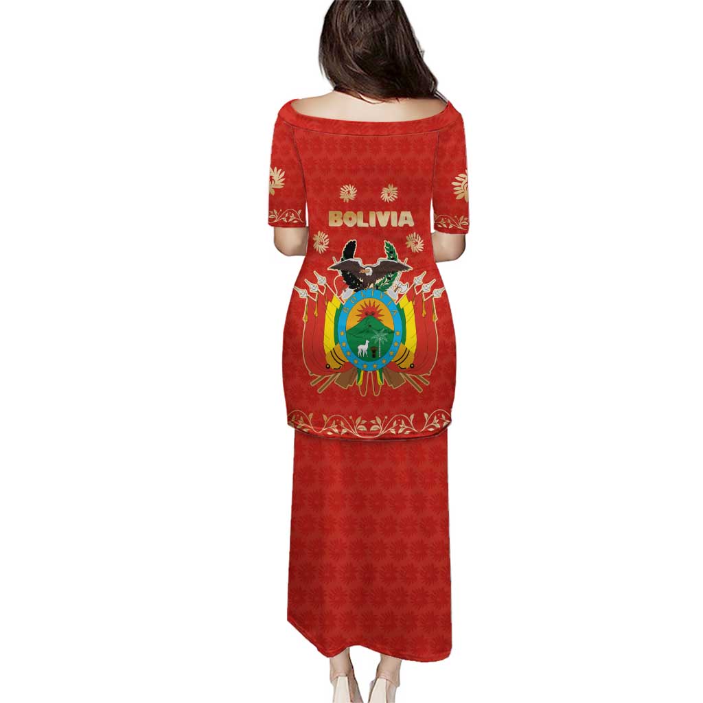 Bolivia National Emblem Puletasi with Floral Pattern and Red Folk Design