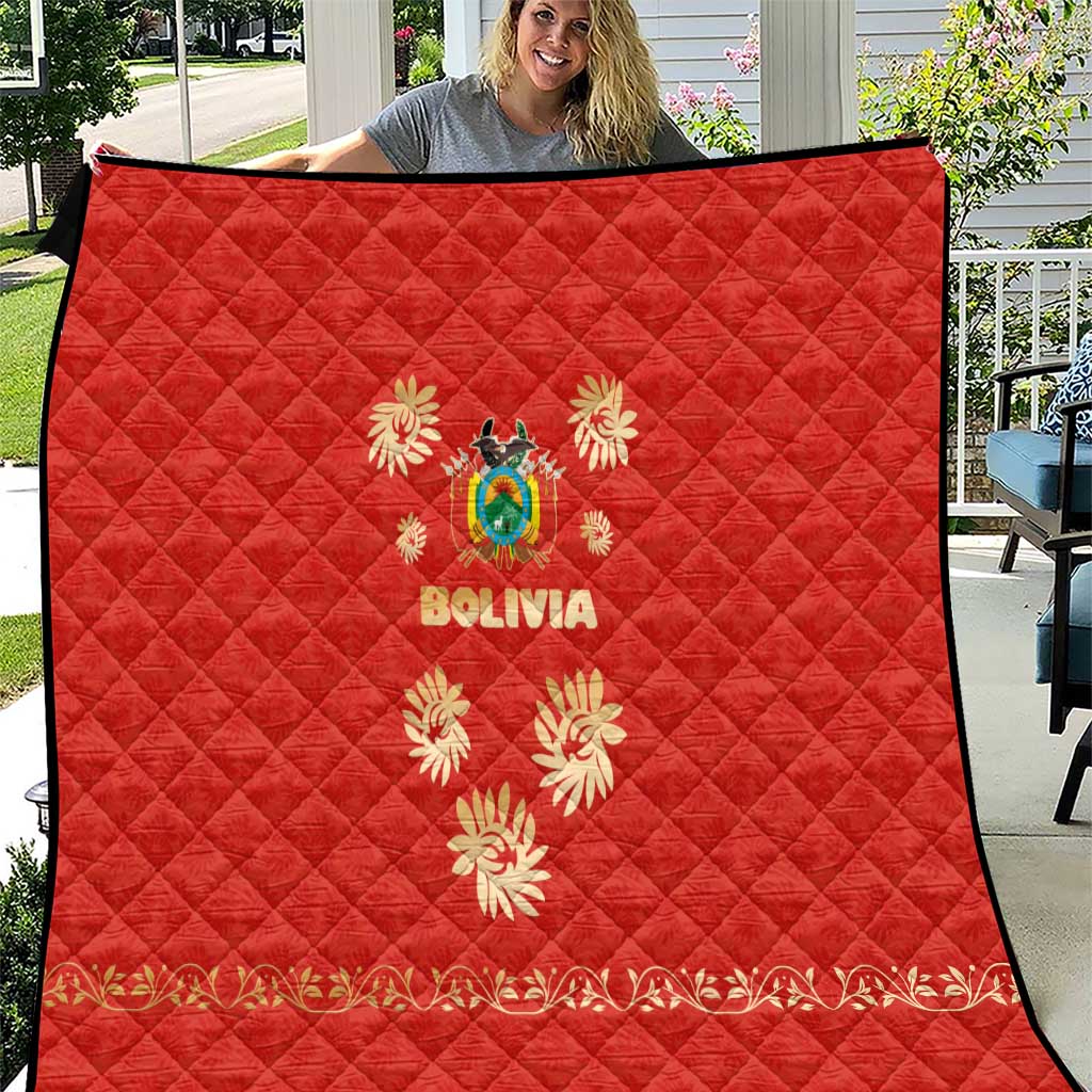 Bolivia National Emblem Quilt with Floral Pattern and Red Folk Design