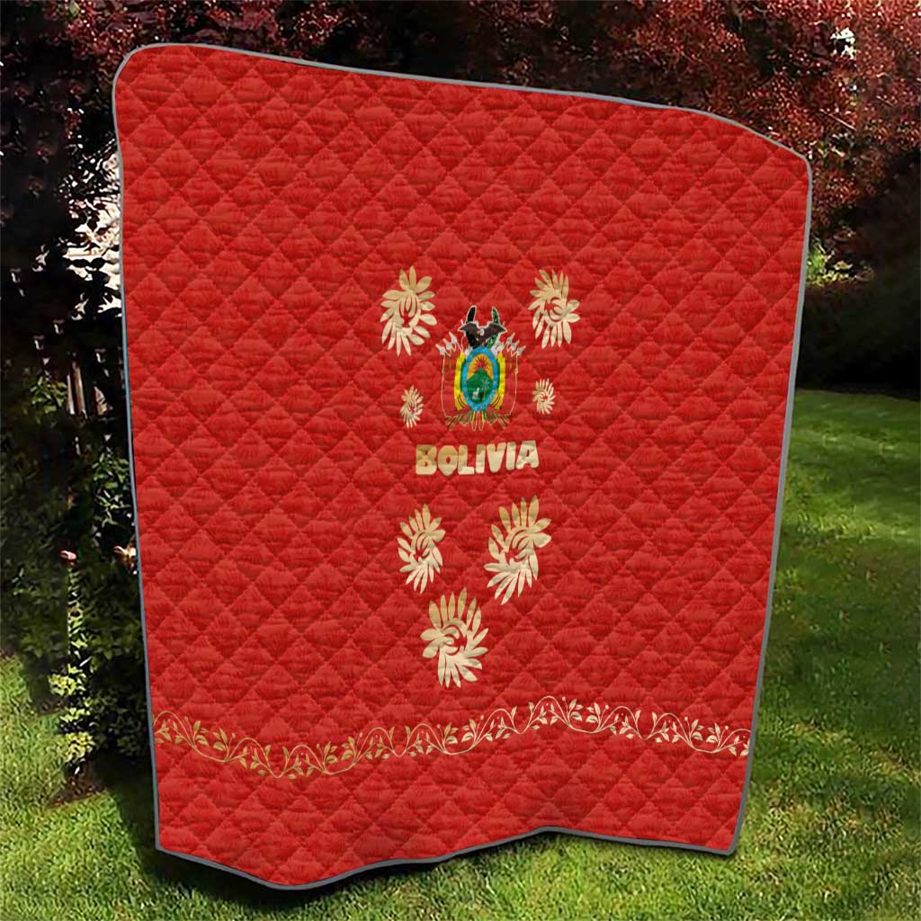 Bolivia National Emblem Quilt with Floral Pattern and Red Folk Design