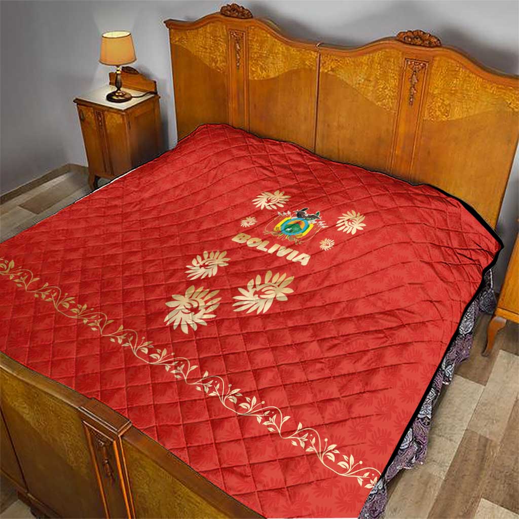 Bolivia National Emblem Quilt with Floral Pattern and Red Folk Design