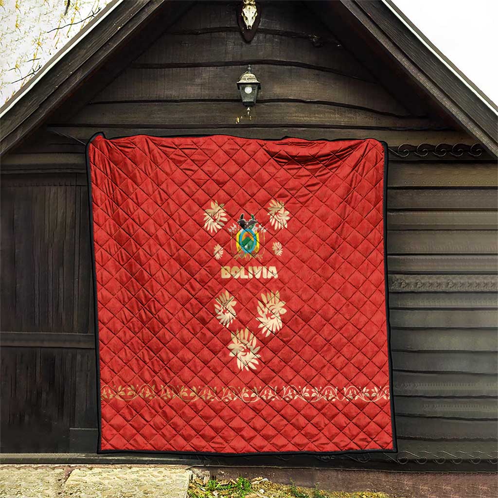Bolivia National Emblem Quilt with Floral Pattern and Red Folk Design
