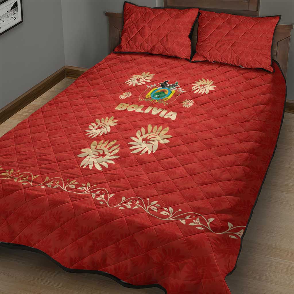 Bolivia National Emblem Quilt Bed Set with Floral Pattern and Red Folk Design