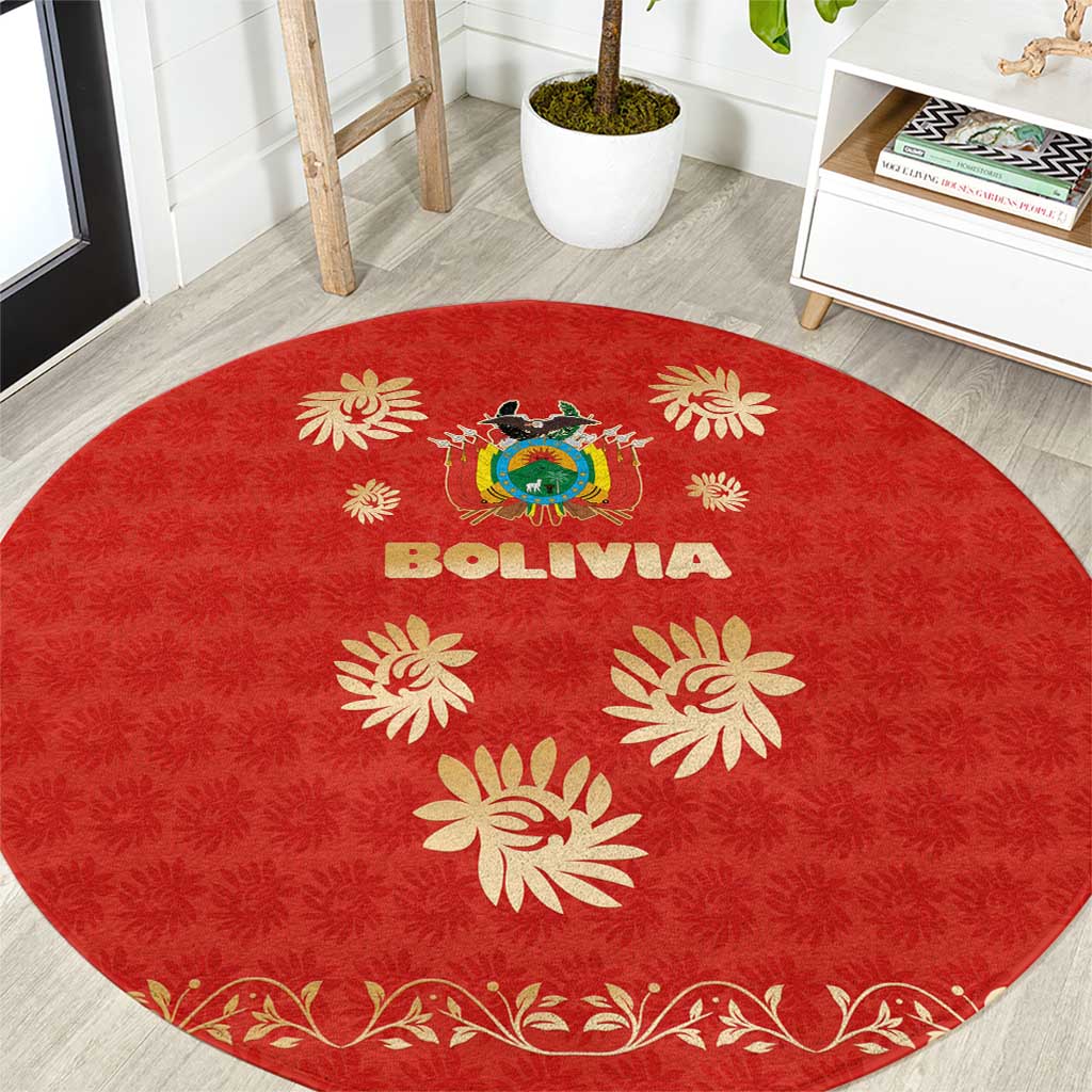 Bolivia National Emblem Round Carpet with Floral Pattern and Red Folk Design
