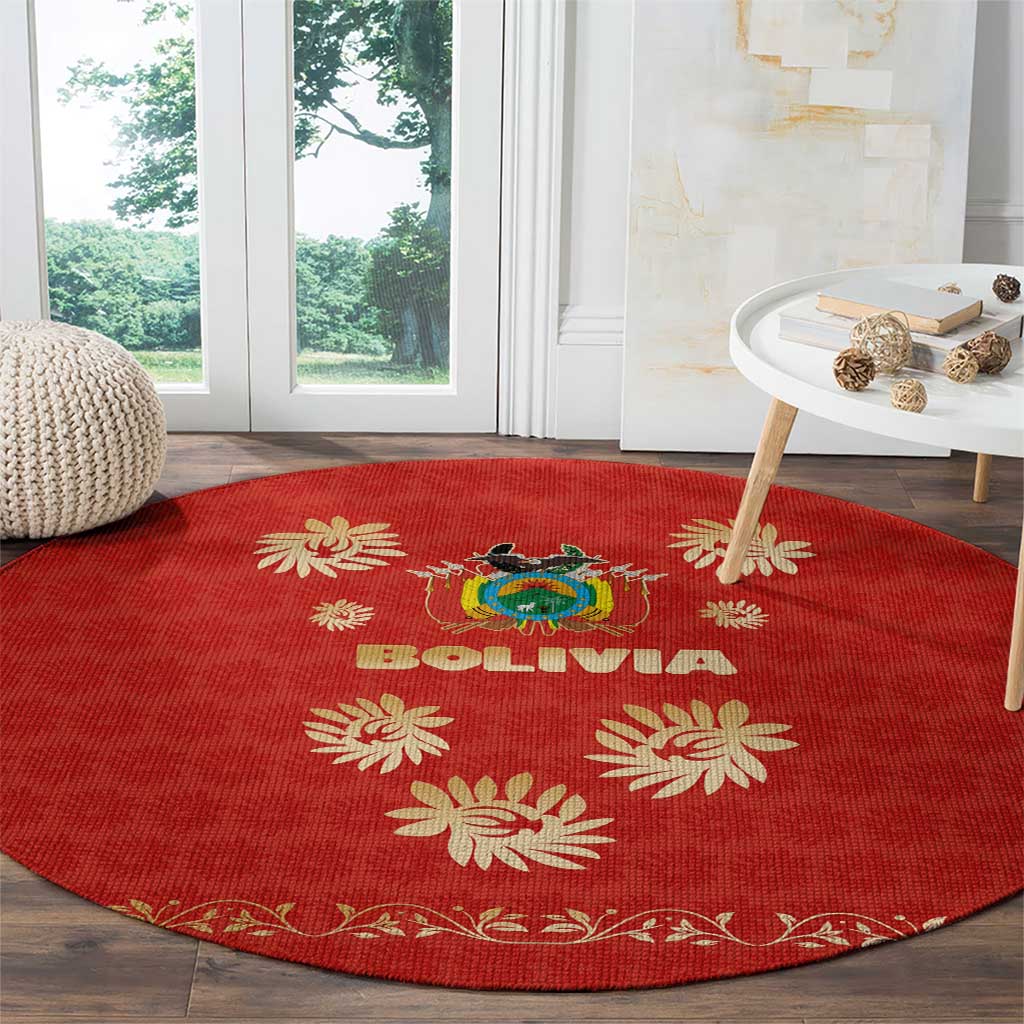 Bolivia National Emblem Round Carpet with Floral Pattern and Red Folk Design