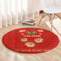 Bolivia National Emblem Round Carpet with Floral Pattern and Red Folk Design